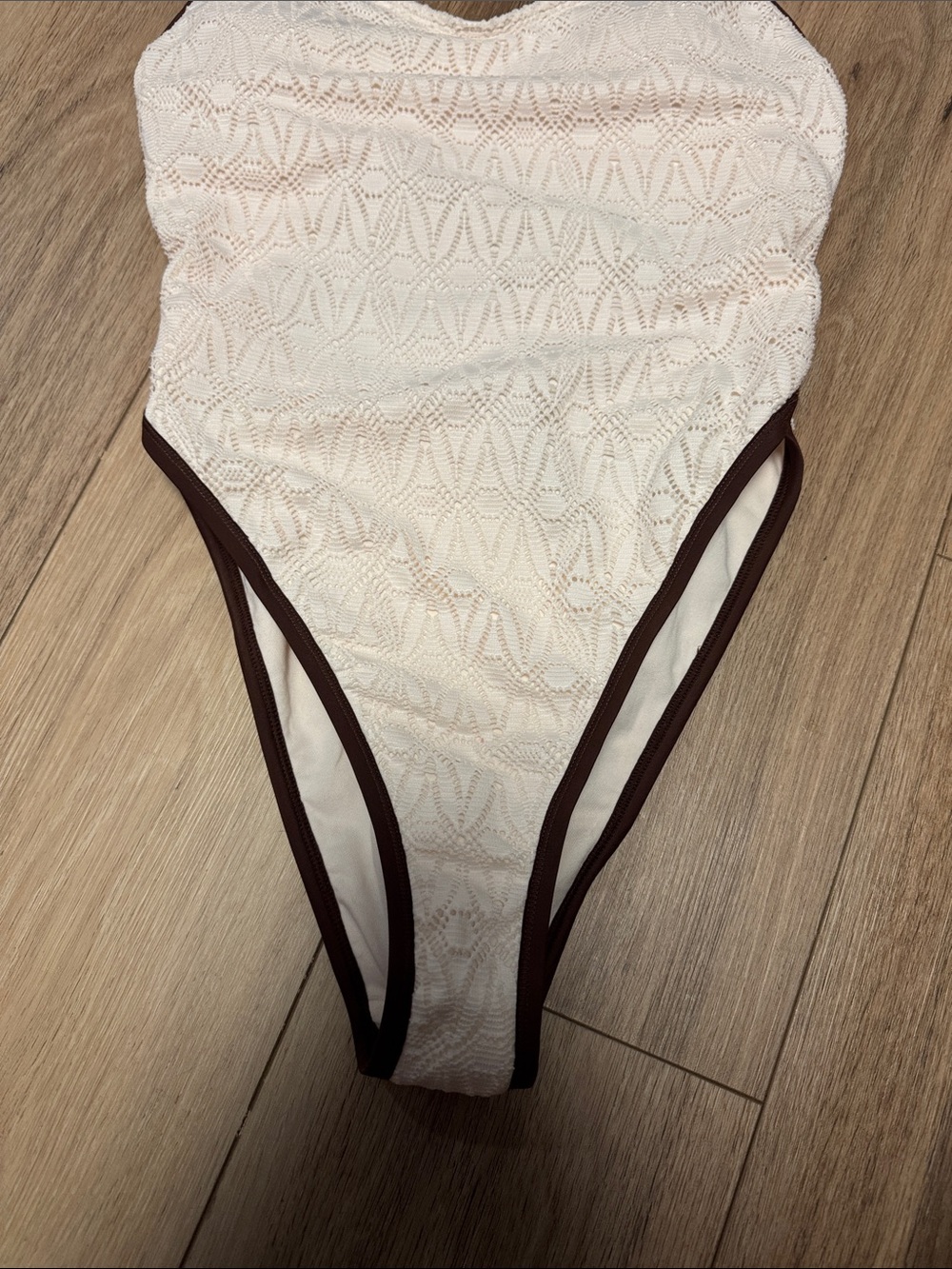 Wild fable NWTS ( M ) CREAM lacey Textured BROWN TRIM SEXY One-Piece Swimsuit - Picture 4 of 9